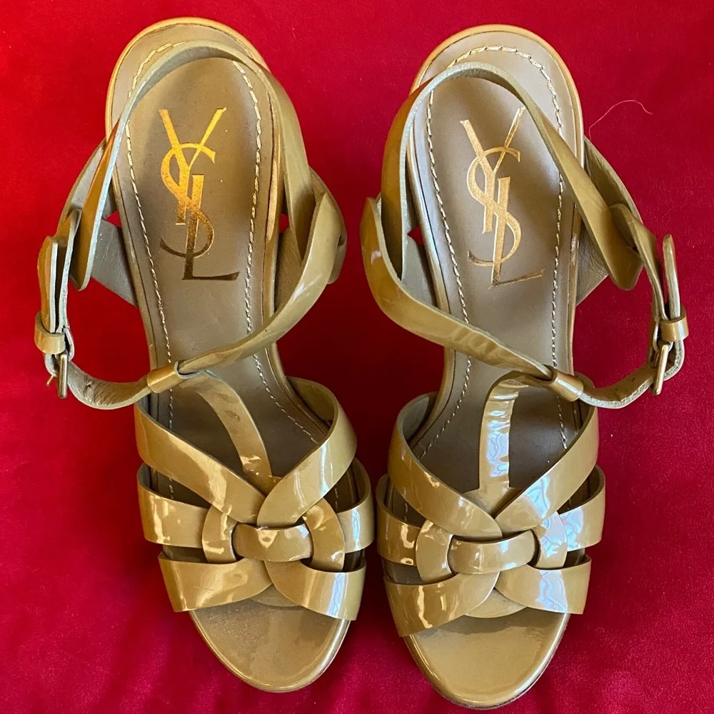 Yves Saint Laurent Beige Strappy Platform Heels NWOT - Picture 8 of 11